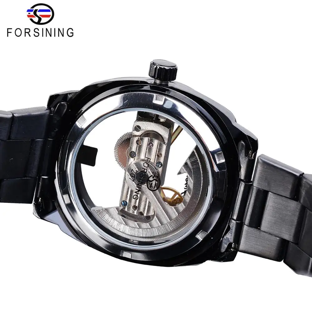 Forsining Steampunk Negro Reloj Mecánico Automático De Los Hombres Esqueleto Transparente Engranaje De La Vendimia Negocio Del Deporte De Los Cinturones De Acero Reloj De Pulsera 4
