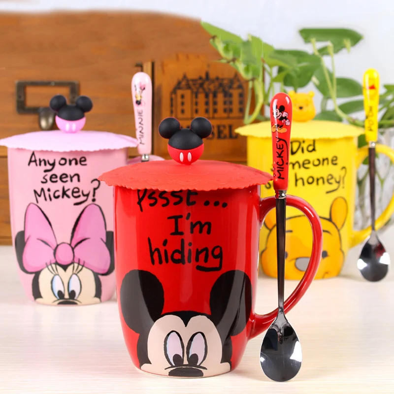 Disney 550 ml de Mickey Mouse de Cerámica Taza de Pareja Taza de Leche Tazas de Café Winnie The Pooh Tazas de Desayuno de Gran Capacidad en Tazas Con Cuchara 4