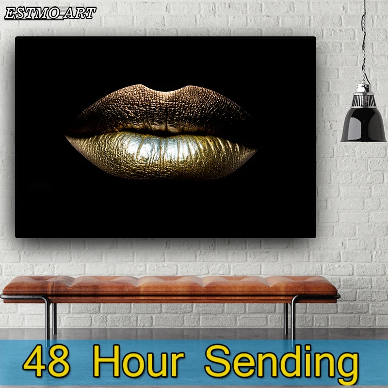 Arte de la pared de Lona Negro y dorado, los Labios sensuales de Lona de Maquillaje de Belleza Salón de Arte de la Lona de Imagen de Decoración del Hogar Cartel de ARTE de Una sola Pieza 4