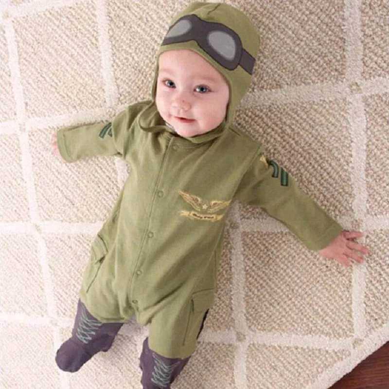 Bebé recién nacido Niños Outwear Peleles Traje de Piloto de la Fuerza Aérea Capitán del Ejército Verde de Manga Larga de Niño Ropa de Bebé con Sombrero de Bebé 4
