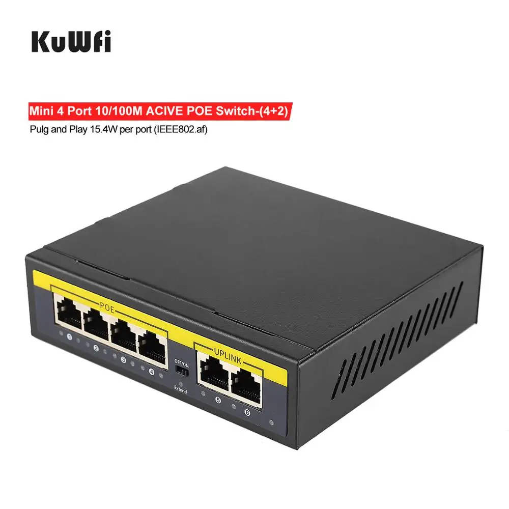 Kuwfi 48V POE Conmutador de Red Ethernet de 100Mbps Conmutador de Red de 4 Puertos Switch PoE Inyector de la cámara IP Inalámbrica/AP/CCTV 4