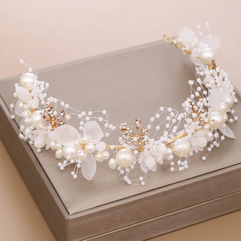 FD001 Nuevo diseño de la perla flloral de novia de la boda de diadema hecha a mano hojas de oro de la diadema de cabello decoración para la novia 4