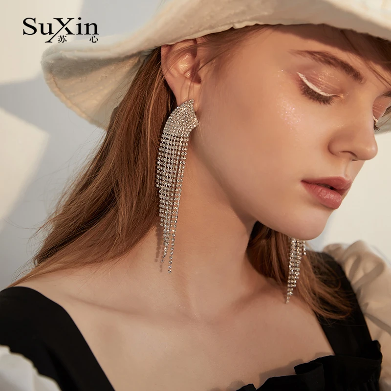 SuXin pendientes 2020 nuevo sencillo temperamento geométricas borla pendientes para las mujeres de largo cristal colgante pendientes de la joyería de regalo 4