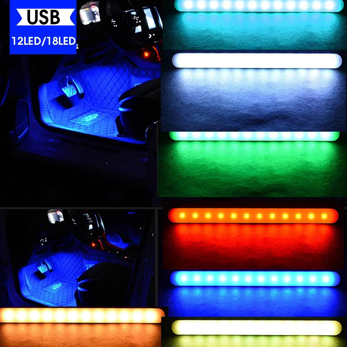 12/18LED 4Pcs CAR Interior de la Atmósfera de la Luz LED RGB Luz de Tira de Tablero de Piso de la Tira del LED, Luz Decorativa de Sonido USB Lámpara de Control Conjunto 4