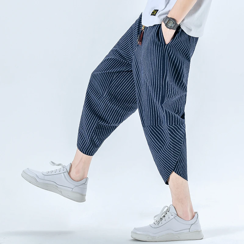De los hombres casual suelto rayas recortada pantalones de verano de 2020 personalidad con cuentas cintura elástica estilo Chino de algodón de lino pantalones casuales 4