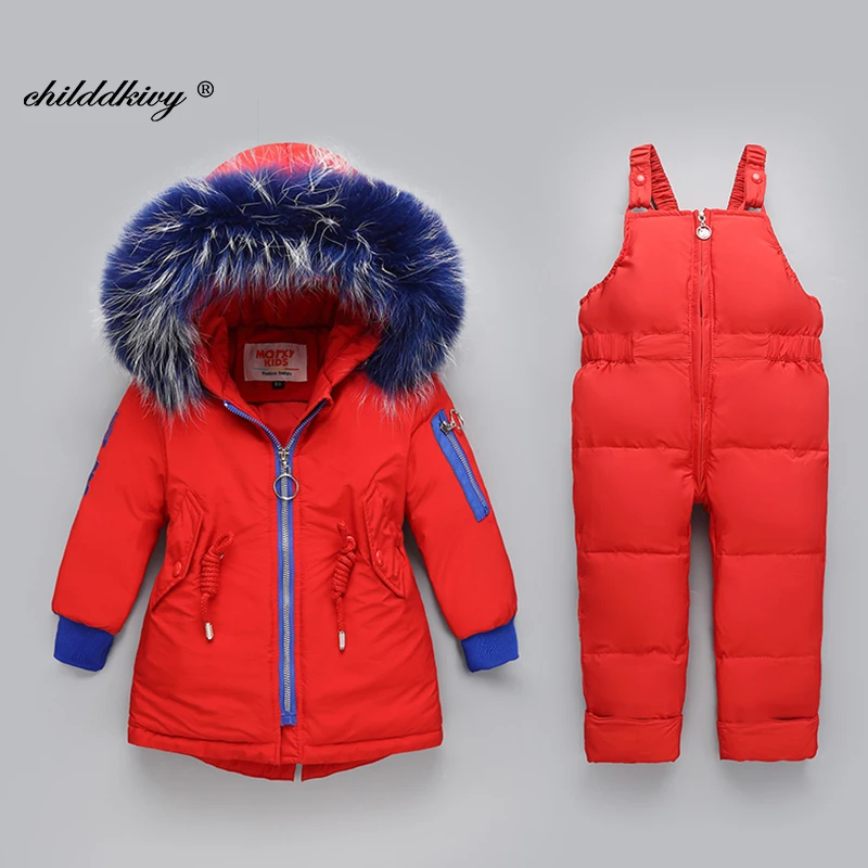 -30 grados en invierno Bebé mono para niños chicos abajo chaqueta 2pcs conjunto de abrigo para niña caliente a los niños de la ropa del Bebé traje de nieve 4