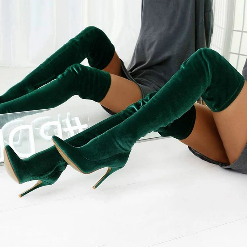 La mujer de Gamuza Más de la rodilla Botas de Punta de Dedo de la temporada Otoño-Invierno Tejido elástico de Mujer Sexy Delgada zapatos de Tacón Alto Zapatos de 2020 Calzado para dama 4