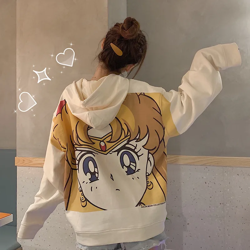 Harajuku Sailor Moon De Impresión De Dibujos Animados Con Capucha De Las Mujeres Suelto Casual Lindo Bolsillo Del Jersey De Manga Larga Tops Ropa Streetwear Sudadera 4