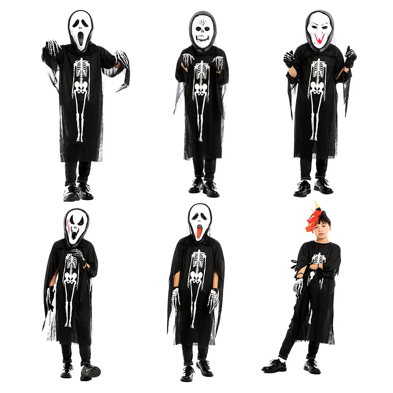 Halloween Padre-Hijo Disfraz de Bruja Cráneo de Terror Juego de Rol para Niños Traje con máscara /blanco hueso guantes 4