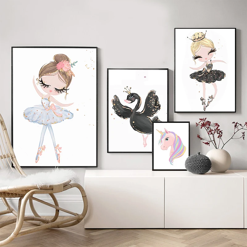 Nordic Swan Bailarina de Ballet Girl Caballo de dibujos animados de la Pared de la Lona de Pintura de carteles Y Arte de la Pared de Impresión de Fotos Para niños Dormitorio Decoración para el Hogar 4