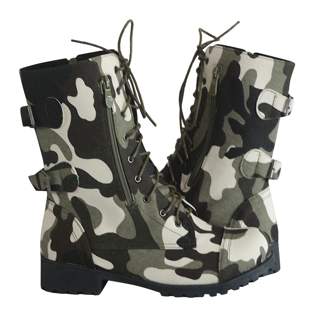 SAGACE de invierno para Mujeres zapatos planos forro de correas de tobillo de camuflaje de combate militar casual camuflaje de tacón bajo las botas de combate 4