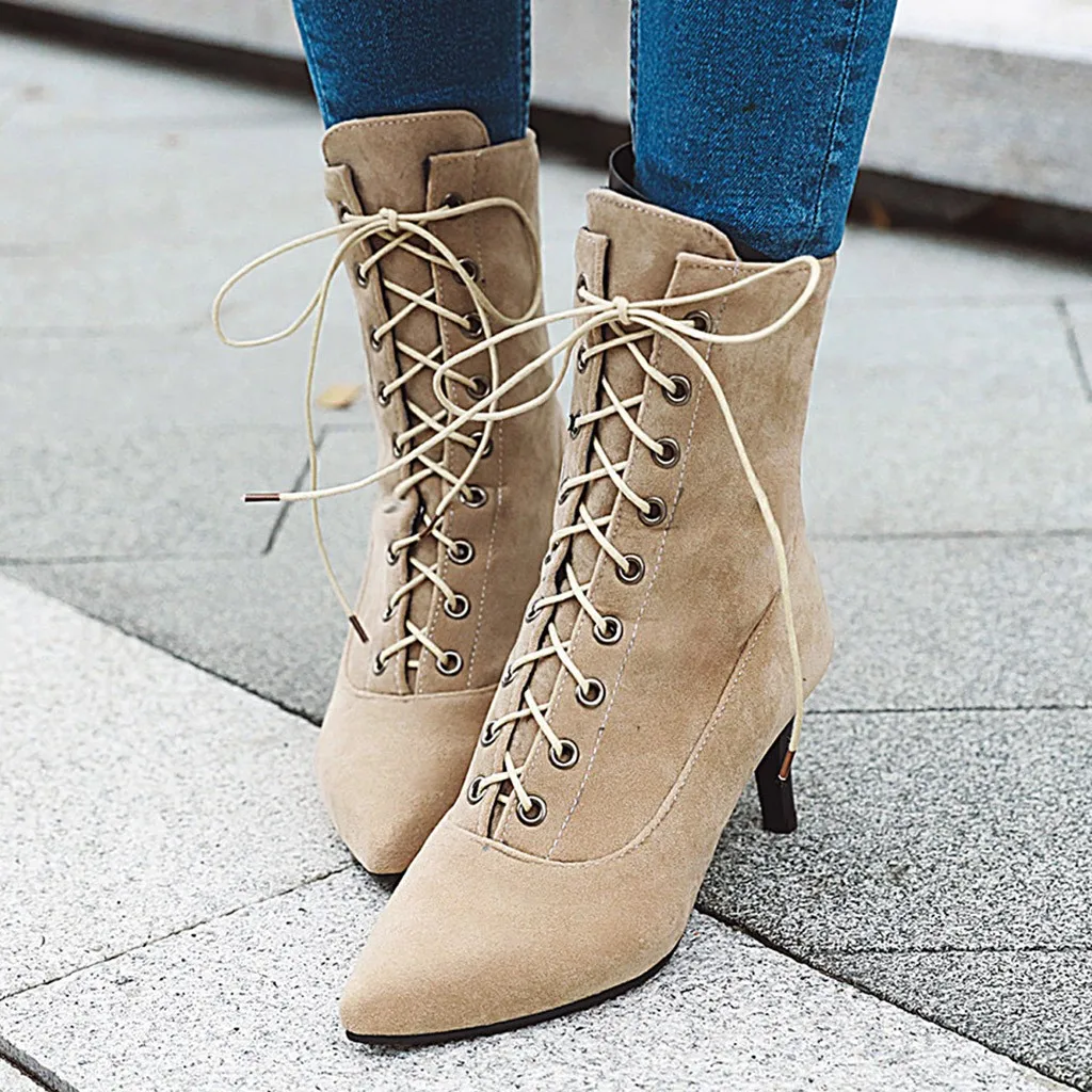 Zapatos de mujer botas de invierno de las mujeres de la Moda de las Mujeres Gamuza zapatos de Tacón Alto con cordones de Color Sólido Bota Corta Dedo del pie Puntiagudo Zapatos 4