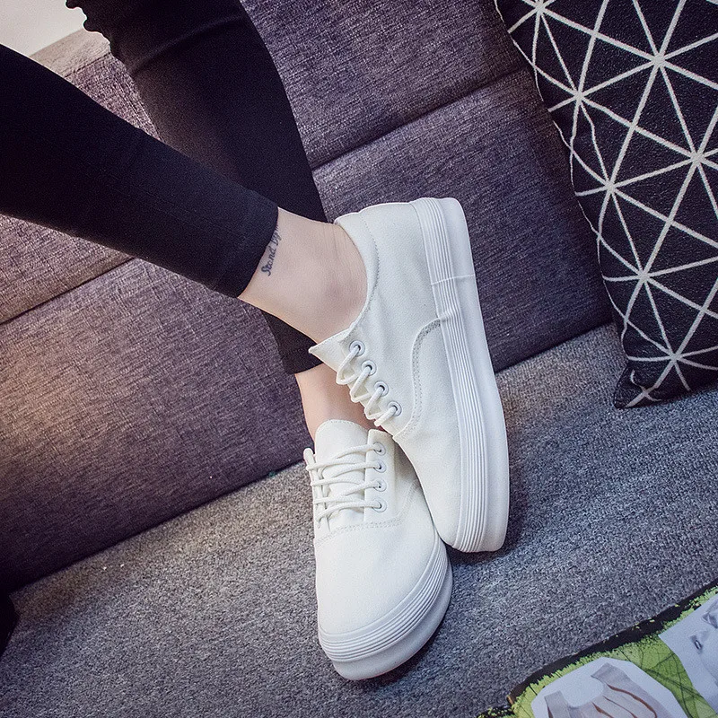 Suelas gruesas Blanco Zapatos de Lona de las Mujeres 2019 Sólido Cómodo con cordones de Mujer Zapatillas de deporte Plana Vulcanizado Zapatos de las Señoras Zapatos de Plataforma 4