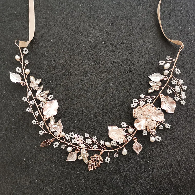 SLBRIDAL Perlas de Flores de diamantes de Imitación Claros de la Hoja de Oro de Pelo de la Boda de la Vid Diadema Tocado de Novia Accesorios para el Cabello de las Mujeres de la Joyería 4