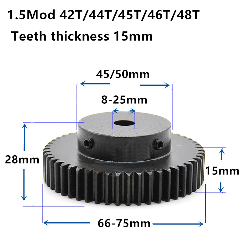 1.5 M 42T 44T 45T 46T 48T de Alta frecuencia ennegrecimiento Engranaje de estímulo de los dientes del piñón ancho de 15 mm 1.5 mod cremallera 45teeth diámetro 8-25mm cnc 4