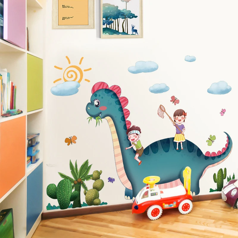 Dibujos animados de dinosaurios niños jugando etiqueta engomada de la pared creativos de los niños decoración de la habitación de dormitorio pegatinas infantiles auto-adhesivo de decoración para el hogar 4