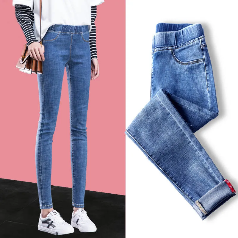 Harajuku High Street Lápiz Pantalones para las Mujeres de corea Azul de Mezclilla de las Mujeres Más el Tamaño de 25-34 Jeans de Cintura Alta Fondos de Elástico en la Cintura 4