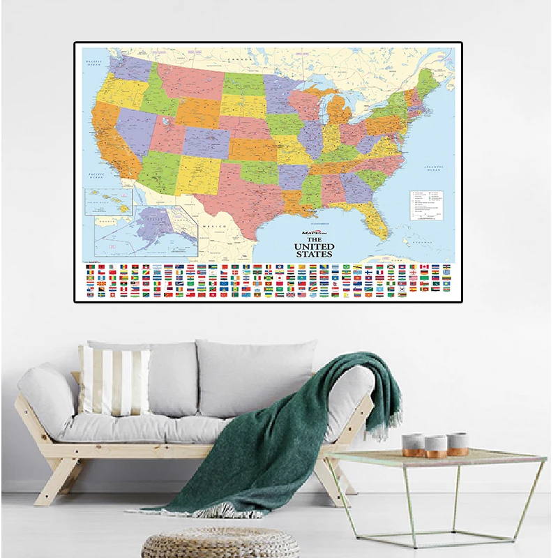 150x100cm No tejida Mapa de Los Estados unidos con Banderas Nacionales Detallado Mapa de América del Vintage de la Imagen de la Cultura de la Educación 4