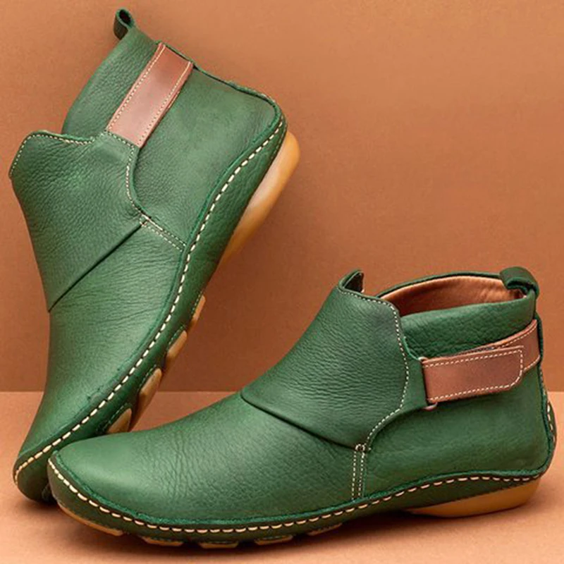 Retro Botas hechas a Mano de Cuero de la PU de las Mujeres de la Vendimia de Tobillo Botas de Otoño E Invierno Explosiones de Zapatos de Mujer de Moda de Velcro Plana Botas 4