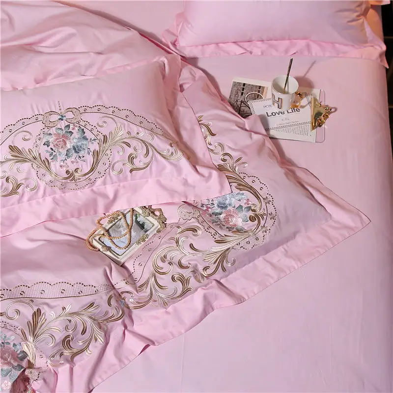 De lujo de color Rosa Azul de ropa, rey y reina de tamaño de cama conjunto de bordados de Cama de Algodón Egipcio juego de sábanas de Cama funda de Edredón juego de ropa de cama 4