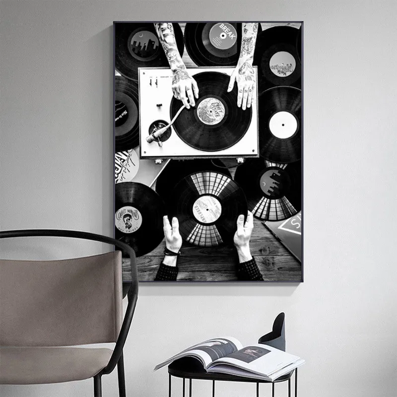Discos de vinilo de la Pared de Arte de Pintura en tela, en Blanco y Negro de la Vendimia de la Música Posters y Impresiones de Imágenes de la Pared para la Sala de estar Decoración para el Hogar 4