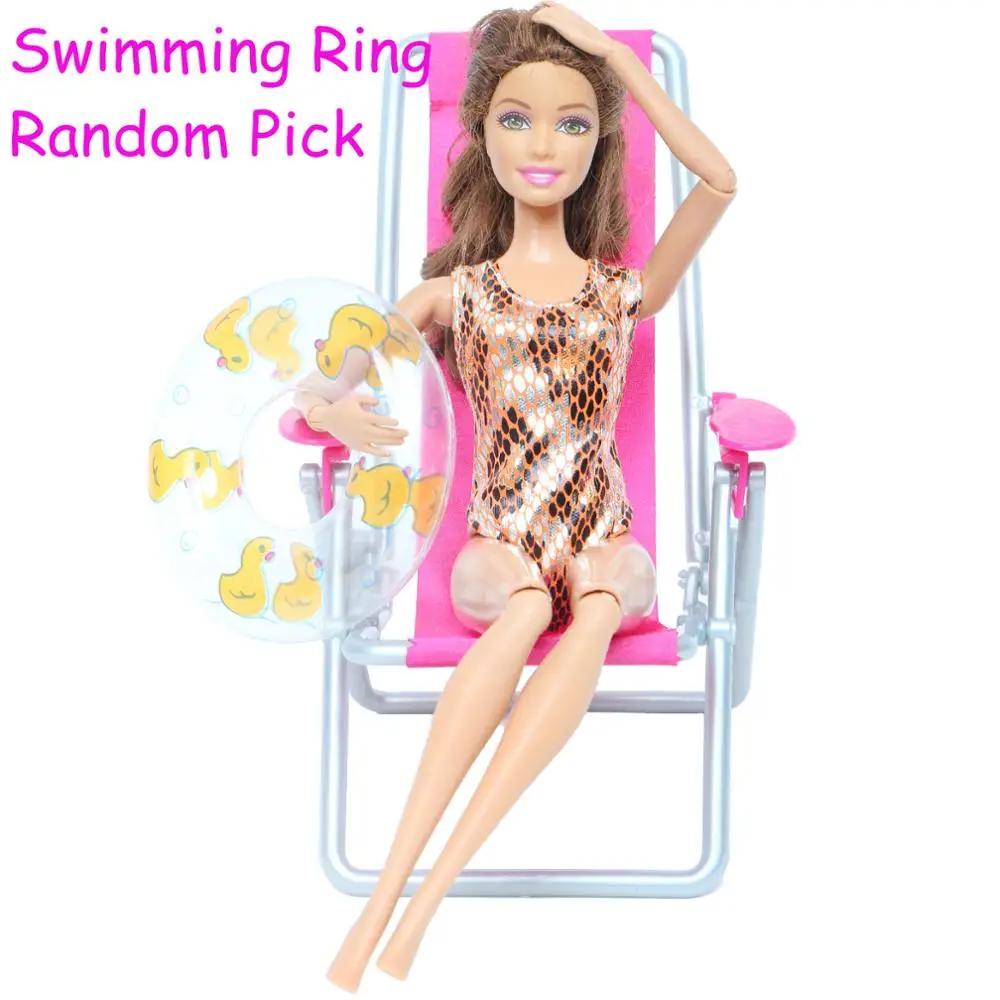 3 piezas/Lote = 1x de Una sola pieza Traje de baño Bikini + Aleatorio 1x Natación Lifebuoy + 1x Silla de Playa de Accesorios para Barbie Casa de Muñecas de Juguete 4