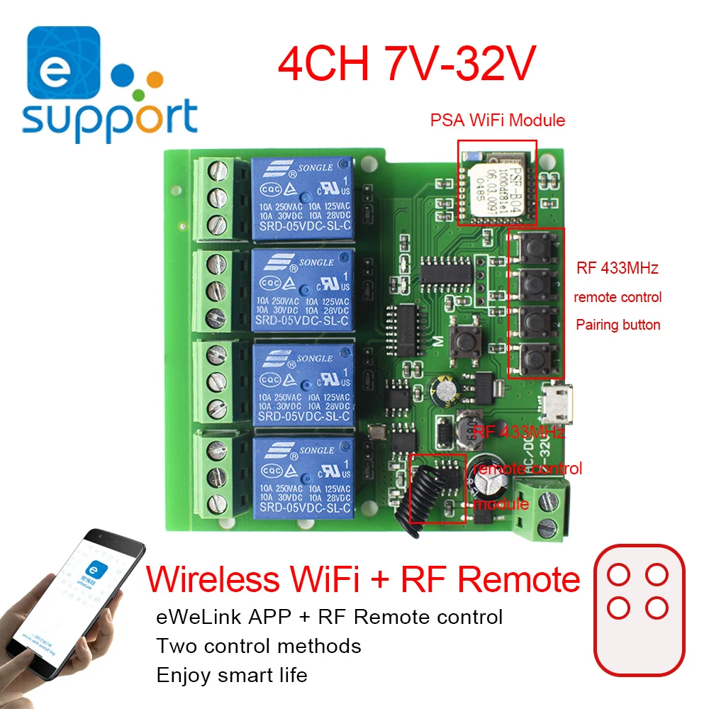 DC12V 24V eWelink Inteligente Interruptor WiFi Módulo de Relé Temporizador de control Remoto Inalámbrico de Control de avance lento/Auto-Módulo de Bloqueo Inteligente de Google hogar 4