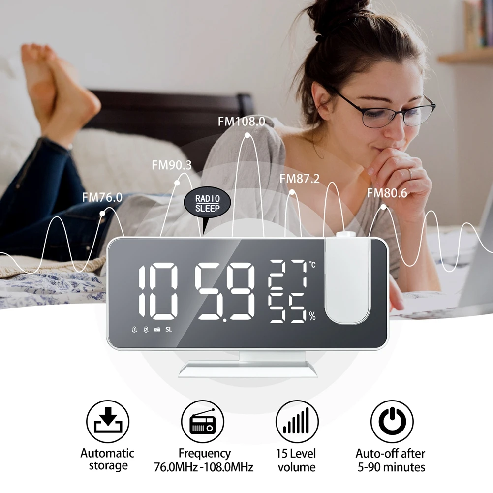 Multifunción Reloj de Alarma LED de Proyección Digital Reloj Con Alarma de Temperatura Humedad Espejo de Proyección Calendario Reloj de Radio FM 4