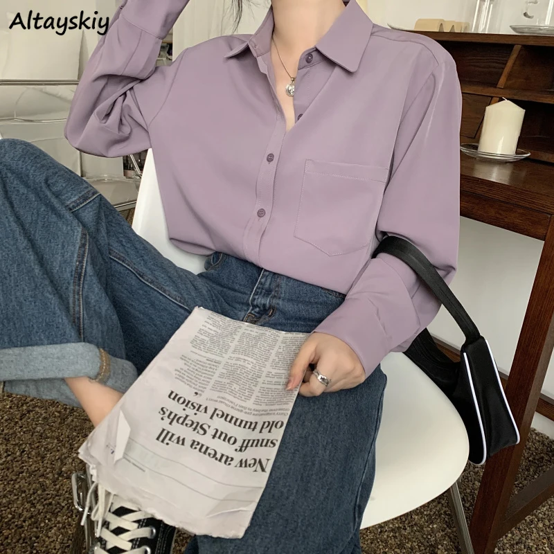 Camisetas de Mujer Pura Elegante Señora de la Oficina Simple Estilo coreano Ocio Blusas de Manga Larga para Mujer de Todos-partido Flojo Diario Delgada de Nuevo Chic 4