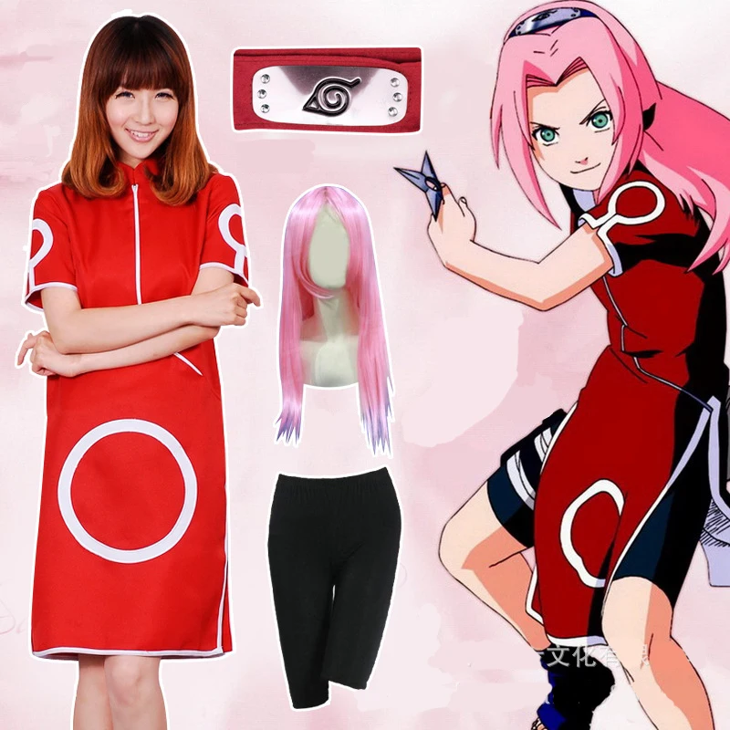 Naruto Cosplay Traje de Haruno Sakura Anime Naruto Cosplay Disfraces de las Mujeres se visten de Halloween Cosplay Ropa Cortos Diadema de pelucas 4
