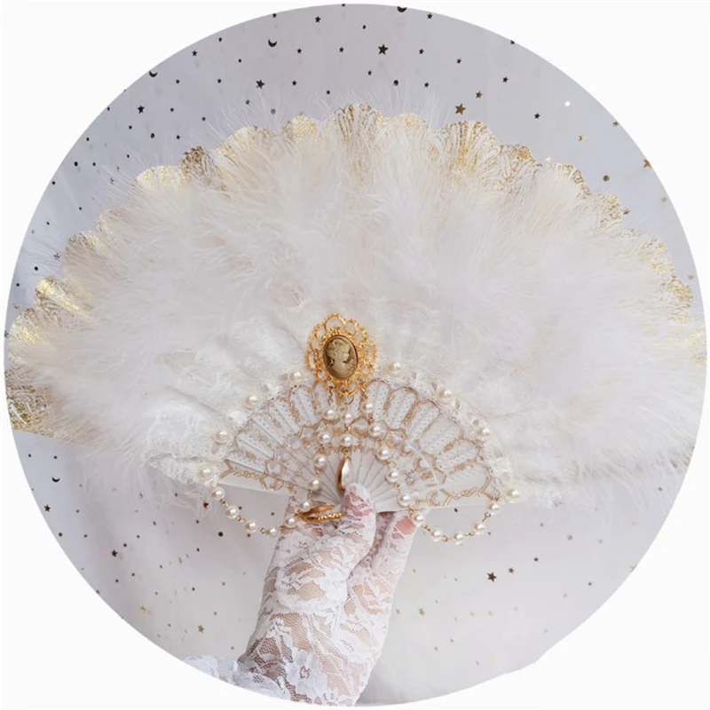 La Perla Blanca De Plumas Vintage Oro Estampado Abanico Lolita Harajuku Gótico Estilo Retro Portátil De Mano Fan De Regalos 4