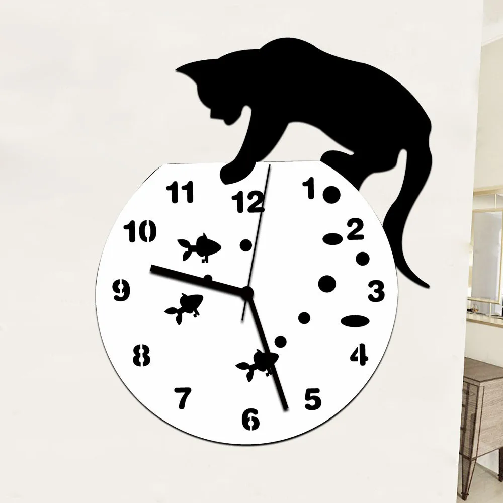 Relojes de pared 3D Decoración del Hogar Reloj de Pared de Acrílico del Gato y el Diseño de Pez Gran Reloj de Cuarzo Gato Reloj de la Sala de estar Decorativos relojes#5% 4