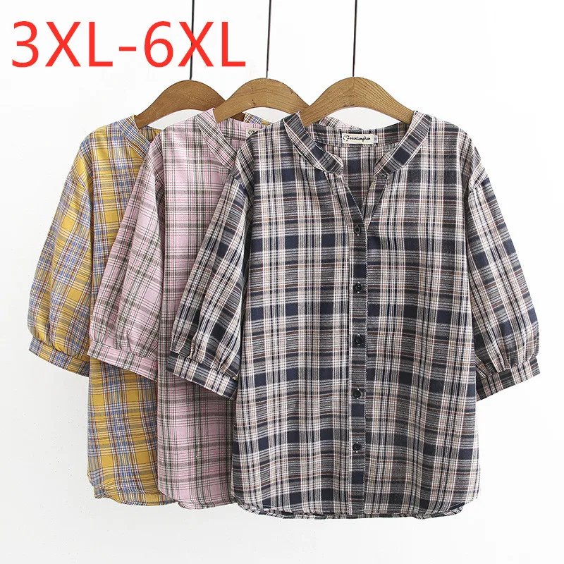 Nueva 2021 verano más el tamaño de tops para las mujeres grandes blusa de manga corta casual de algodón suelta camisa a cuadros de color rosa azul 3XL 4XL 5XL 6XL 4