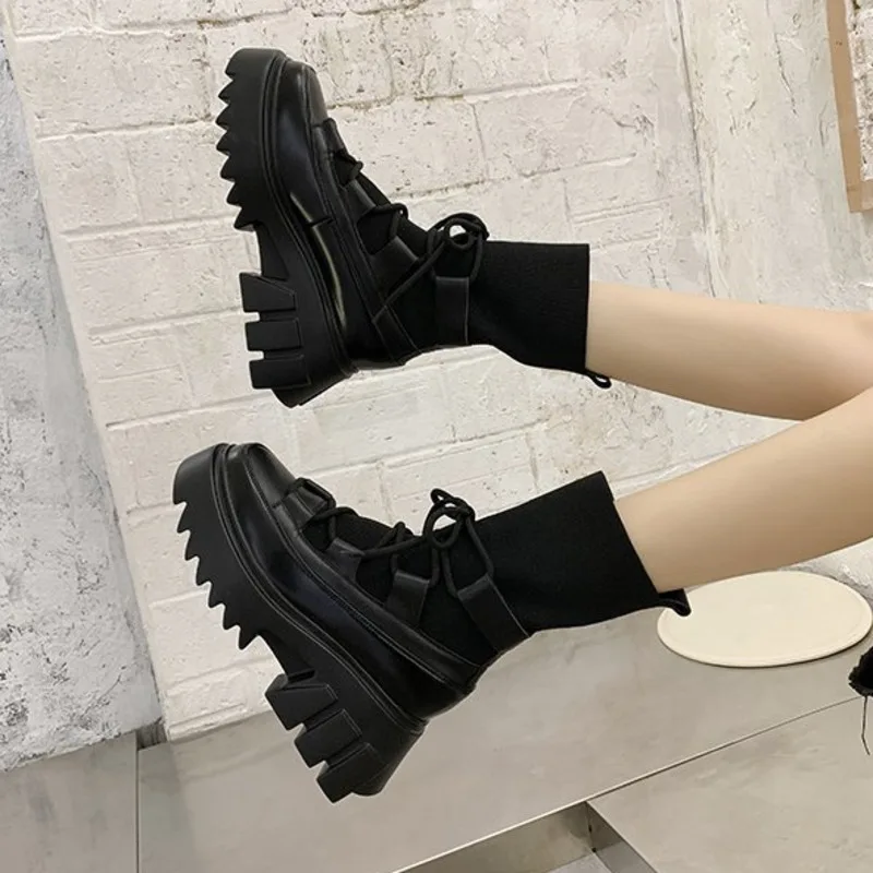 2020 de Invierno de la Mujer de la Moda de Calcetín de Botas Nuevas Botas de Tobillo de Ulzzang Plataforma de Botas de las Mujeres del Dedo del pie Redondo Zapatillas de Mujer Suela Gruesa Botas Negro 4