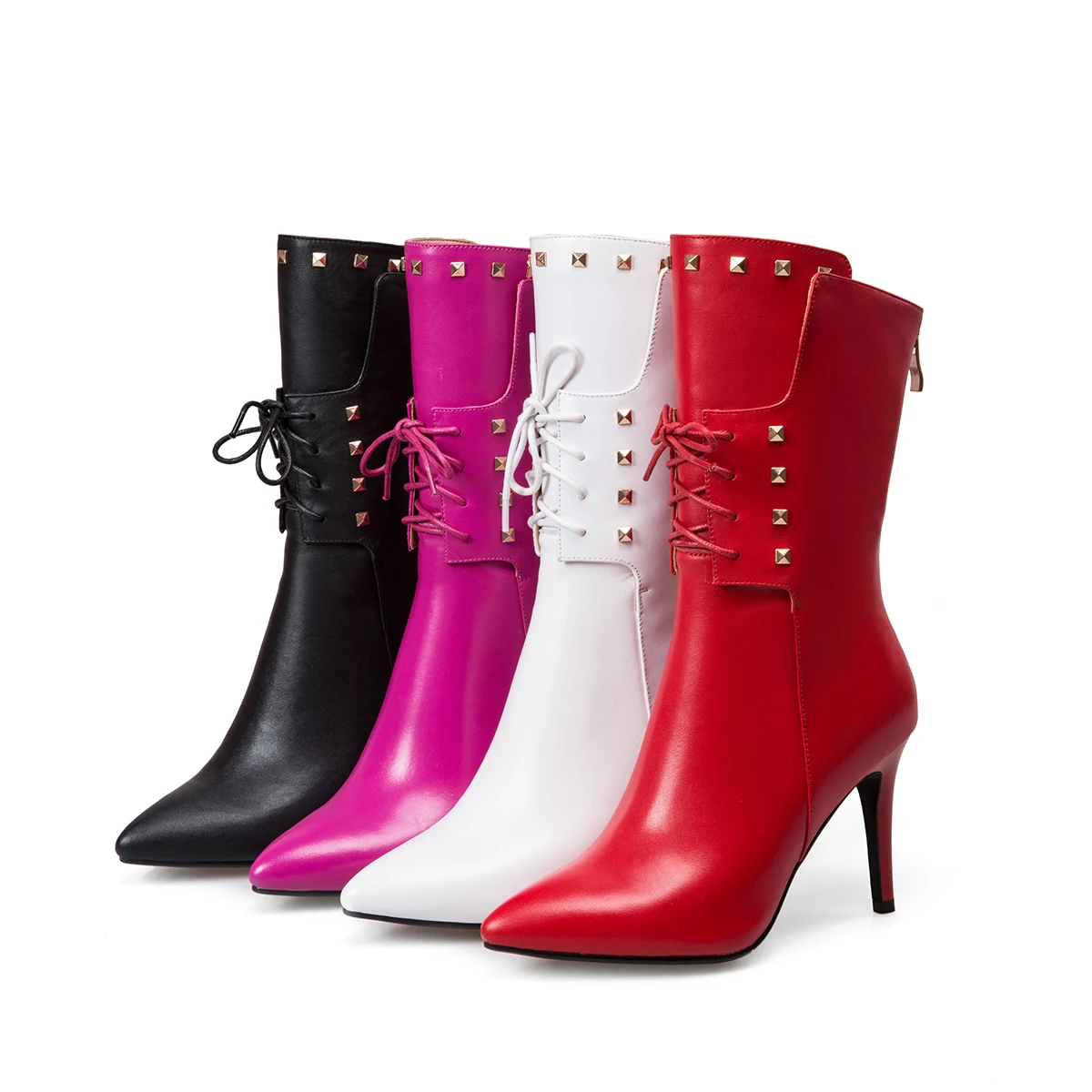 INS Mujeres CALIENTES botas de cuero natural superior plus tamaño 22-25cm botas de tobillo para las mujeres 3colors zapatos de Mujer de Metal del remache de la decoración 4
