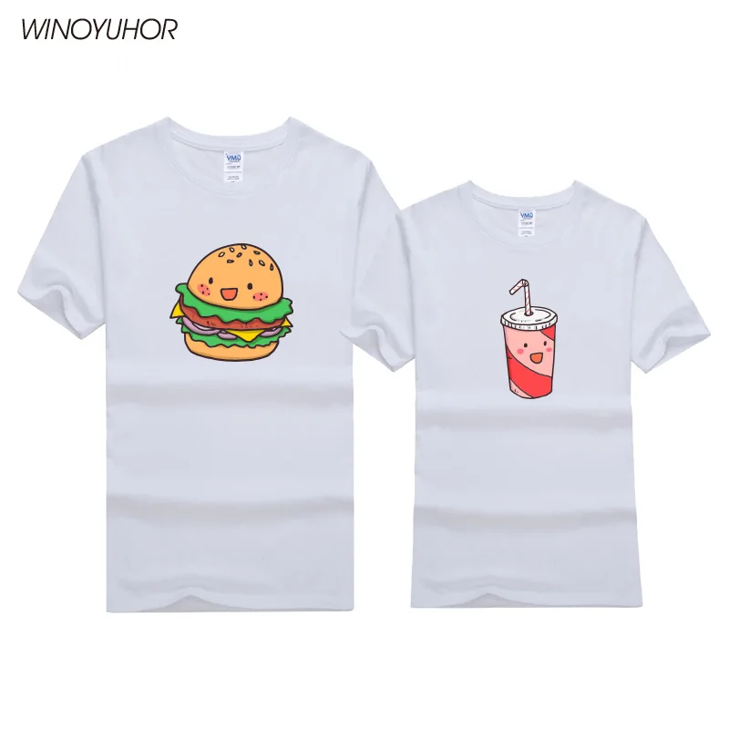 Hamburguesa Bebidas Impreso T-shirt de la Mujer para Hombre Verano de Manga Corta T Camisa de Algodón Par de Coincidencia de los Amantes Divertido Unisex T-shirt 4