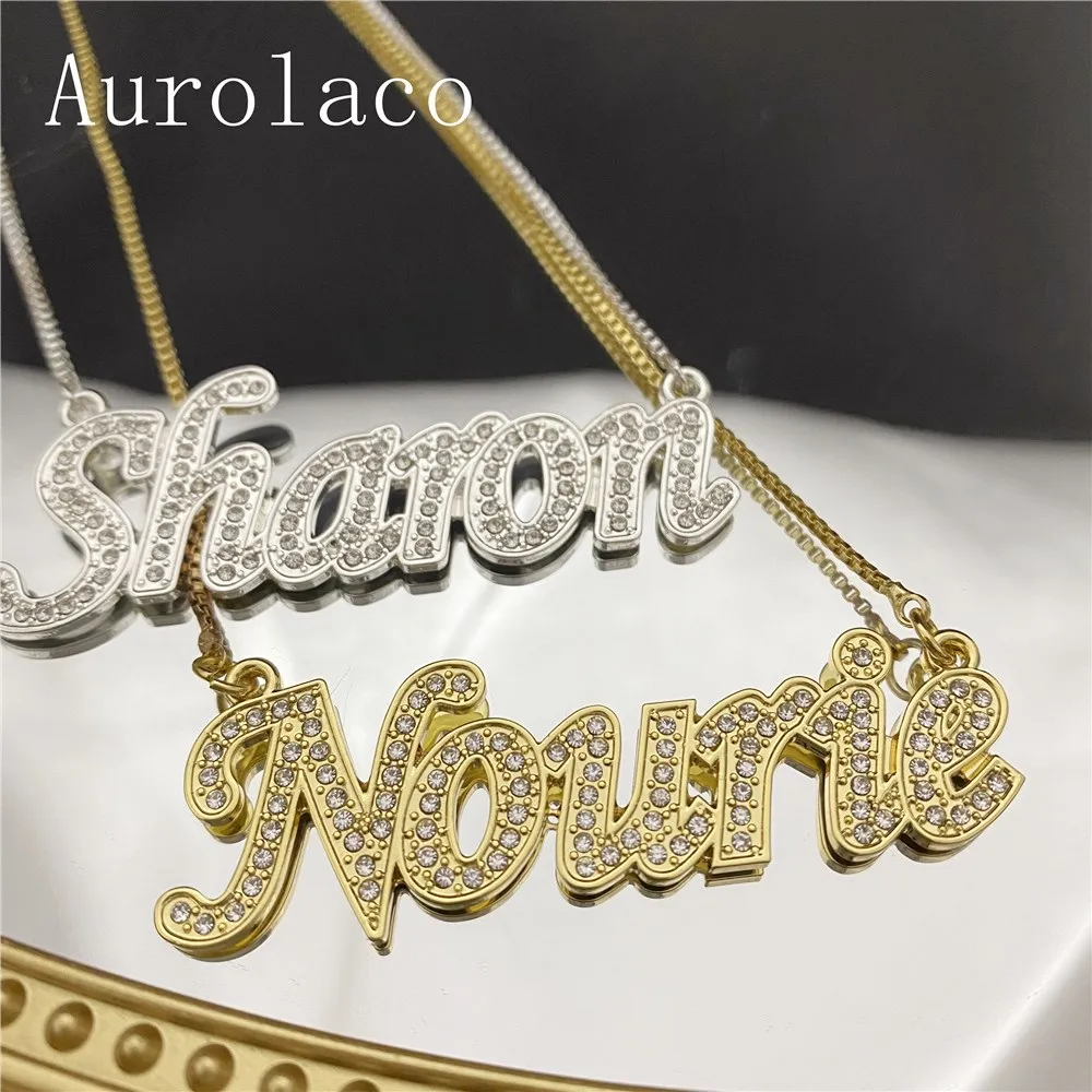 AurolaCo CZ Diamond Nombre del Collar de la Caja de la Cadena de encargo del Color del Oro del Acero Inoxidable de la Carta de la Placa de identificación del Collar para las mujeres Regalos 4
