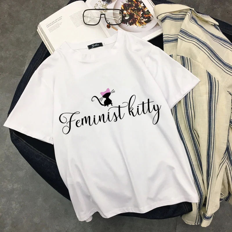 2020 Verano Harajuku Caliente de Manga Corta de Vogue Mujeres Feministas Suelta la camiseta de Leopardo de Impresión de dibujos animados de Estética Gato Gráfico T-shirt 4