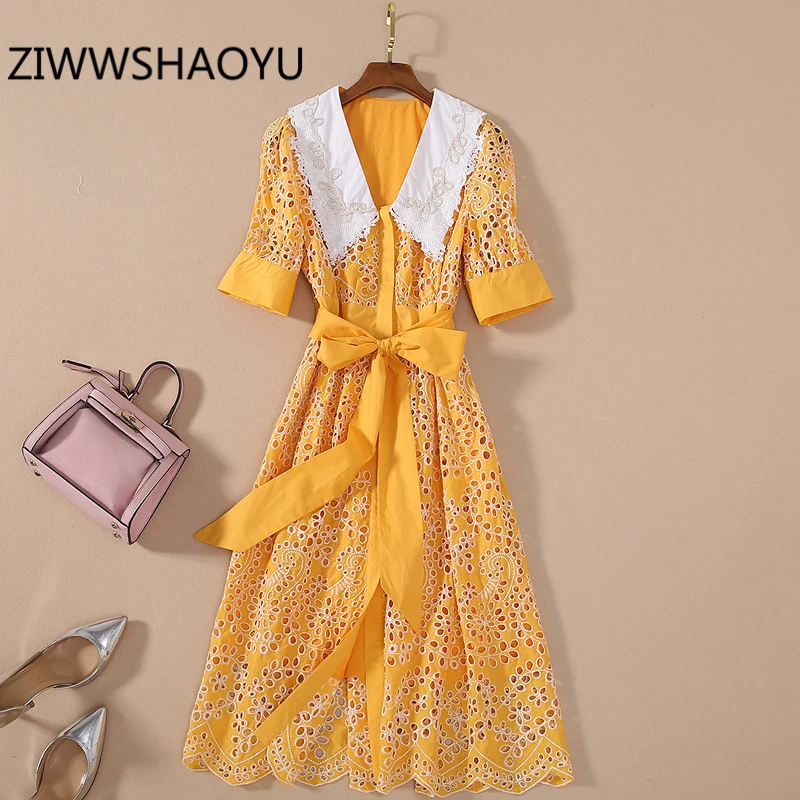 ZIWWSHAOYU las Mujeres de Verano Amarillo V-Cuello estilo Boho Vacaciones de Mini Vestidos de Diseñador de las Señoras de Arco Cinturón Hueco Bordado de Algodón Dressss 4