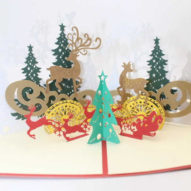 10pcs de Navidad de los Ciervos Árbol 3D Pop-UP Tarjetas de Regalo tarjeta con Sobres de Navidad de Invitación, Tarjeta de Felicitación para la Fiesta de Navidad Suministros 4