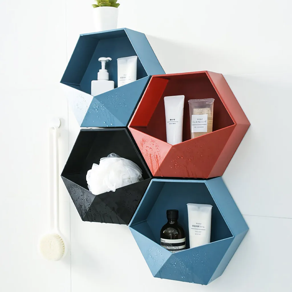 De estilo nórdico sala de estar montado en la pared geométrica de almacenamiento de rack sin perforada decoración de la pared del estante baño estante cosmético 4