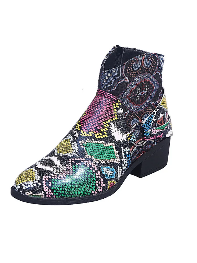 Las mujeres de piel de Serpiente de la PU de Cuero Botas de Tobillo de Deslizarse Sobre las Señoras de Bordar de Moda Zapatos de Mujer Punta del Dedo del pie Casual Botas de Mujer Cómodos 4