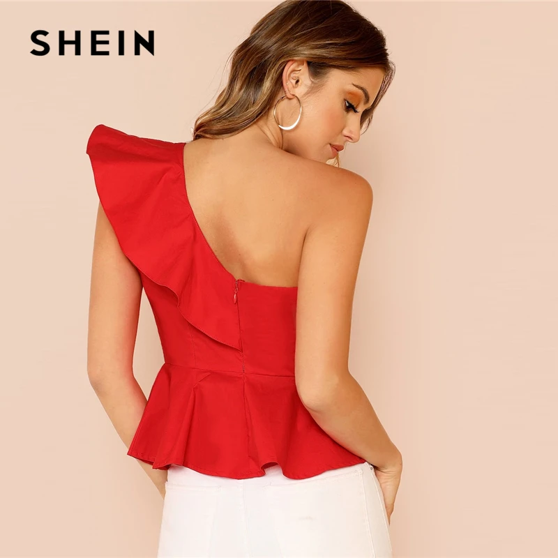 SHEIN Glamour Rojo de la Colmena de Recortar Un Hombro Peplum Slim Fit Peplum en la Llanura de la Tapa Superior de la Manga de la Blusa de las Mujeres de la Primavera Elegantes Blusas 4