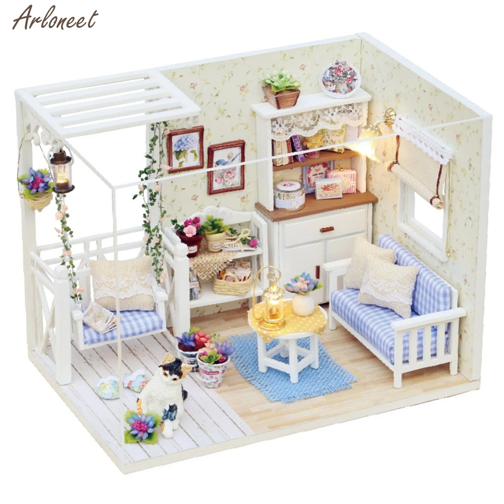 3D de BRICOLAJE de Madera en Miniatura casa de Muñecas con Muebles de Flor de Decorar la Habitación de Embarcaciones de Juguete de Regalo Sala de estar Juguetes Juego de Toy Decoración de la Casa de Juguete 4