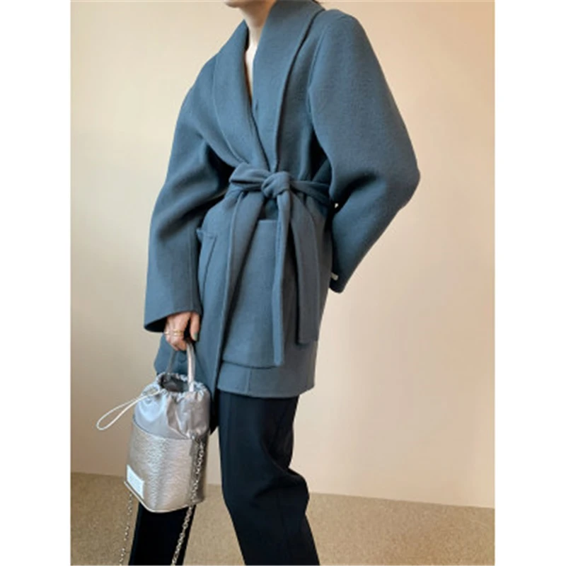 La mujer, Abrigos de Lana Otoño Invierno Minimalista V-cuello Recto Cinturón de Mujeres Abrigo coreano Elegancia Simple OL Mujer Abrigo Tops 4
