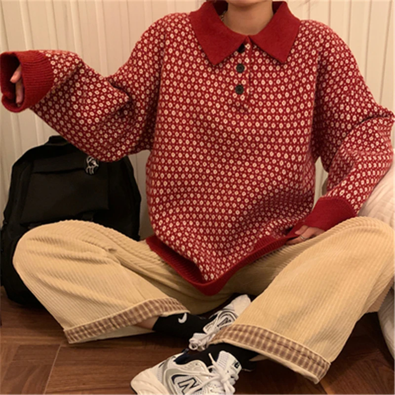 Vintage De Jacquard De Punto Suéter De La Mujer Otoño Invierno Estilo Coreano De Polo De Color Cálido Femenino 