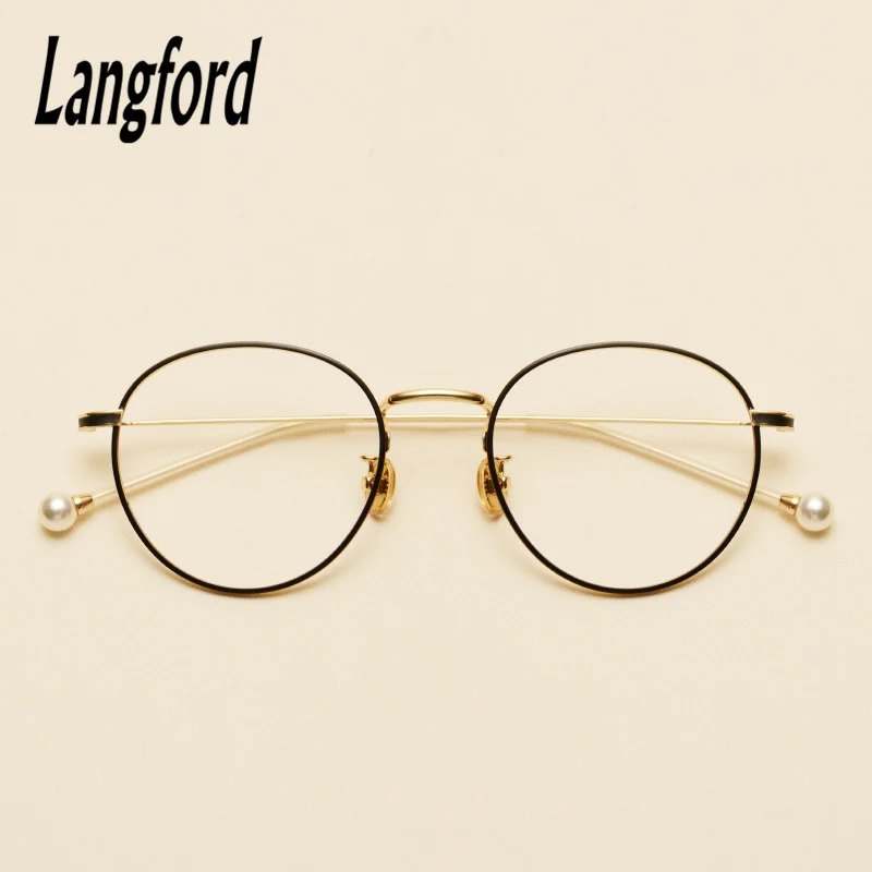 Langford marca ronda vintage gafas de marco óptico de marcos de anteojos para las mujeres de oro grande de anteojos de marcos del espectáculo diseños de la perla de la pierna 4