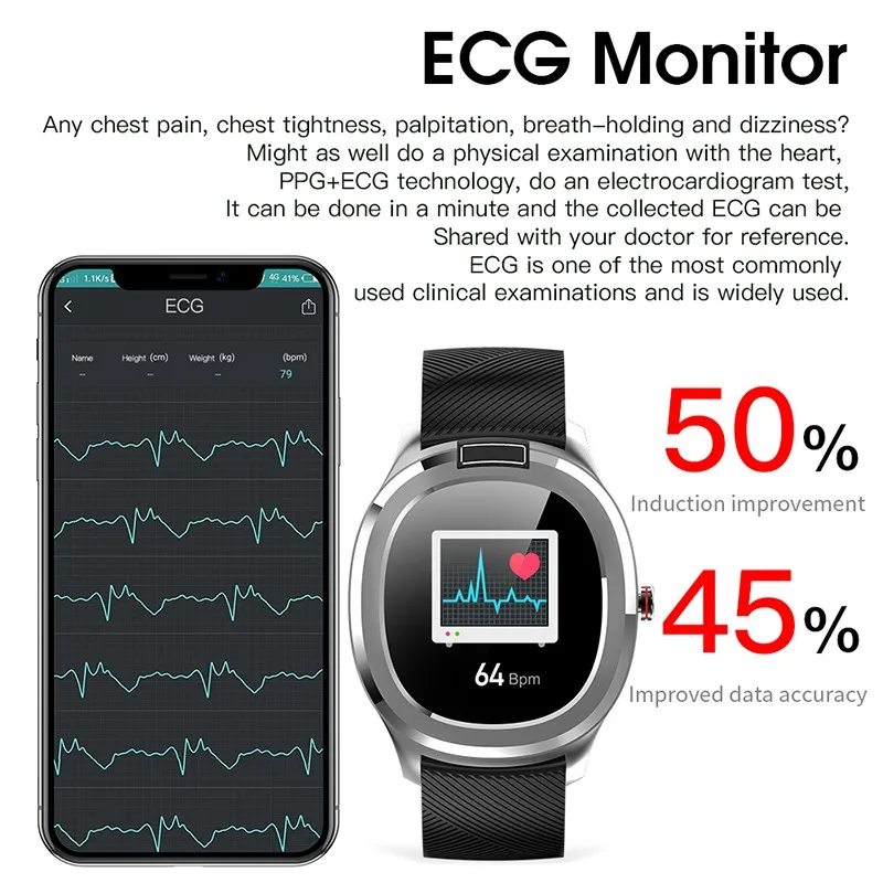 T01 Reloj Inteligente de la Temperatura del Cuerpo de Medida Completa de la Pantalla táctil Inteligente de pulsera de ECG, presión arterial de la prenda impermeable IP68 de seguimiento de movimiento 4