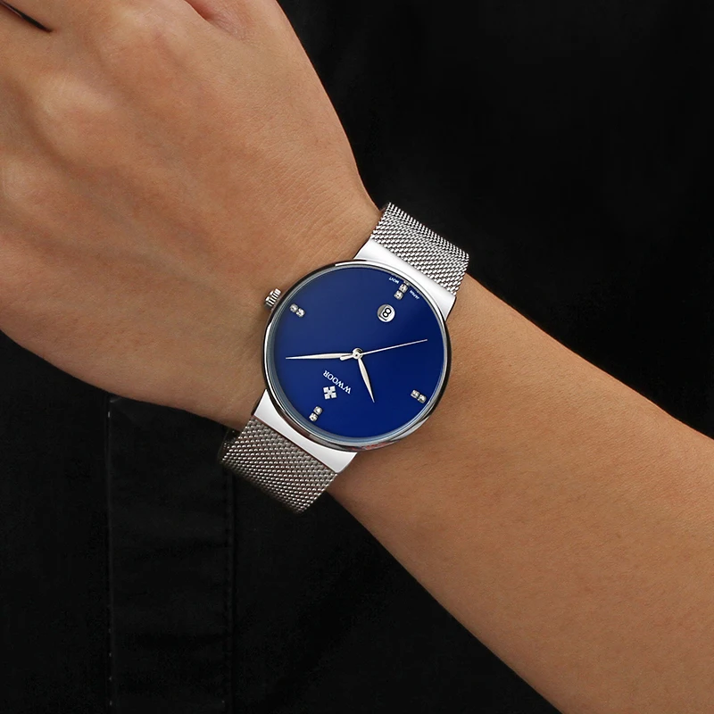 Los hombres Relojes de 2020 Marca de Lujo WWOOR de Fecha Automática Delgado Reloj de Cuarzo de los Hombres de Plata Azul de Malla de Acero Deporte Impermeable Masculino reloj de Pulsera 4