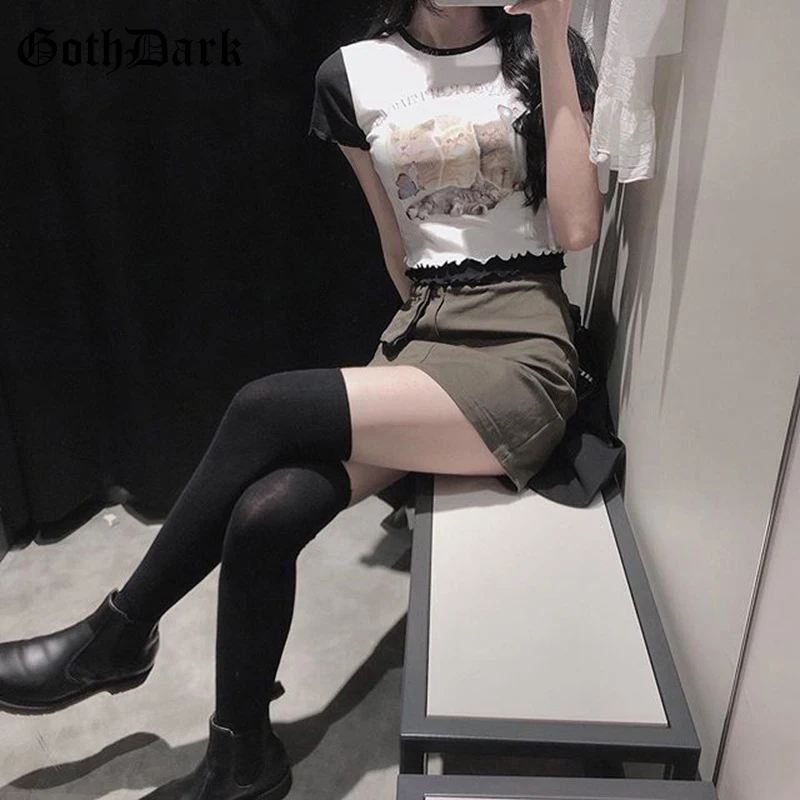 Goth Oscuro Harajuku Estética coreana Mujer T-camisa de Verano de 2020 Gráfico Kawaii Imprimir E-chica Linda Bodycon Volantes Mujeres Crop Tops 4